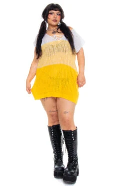 Vintage 90's Yellow & White Crocheted Mini Dress - L/XL