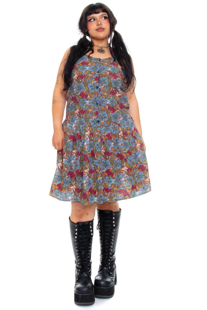 Vintage 80's Blue Floral Drop-Waist Dress - L 4 Vintage 80's Blue Floral Drop-Waist Dress - L - Image 2