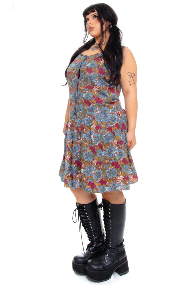 Vintage 80's Blue Floral Drop-Waist Dress - L 5 Vintage 80's Blue Floral Drop-Waist Dress - L - Image 3