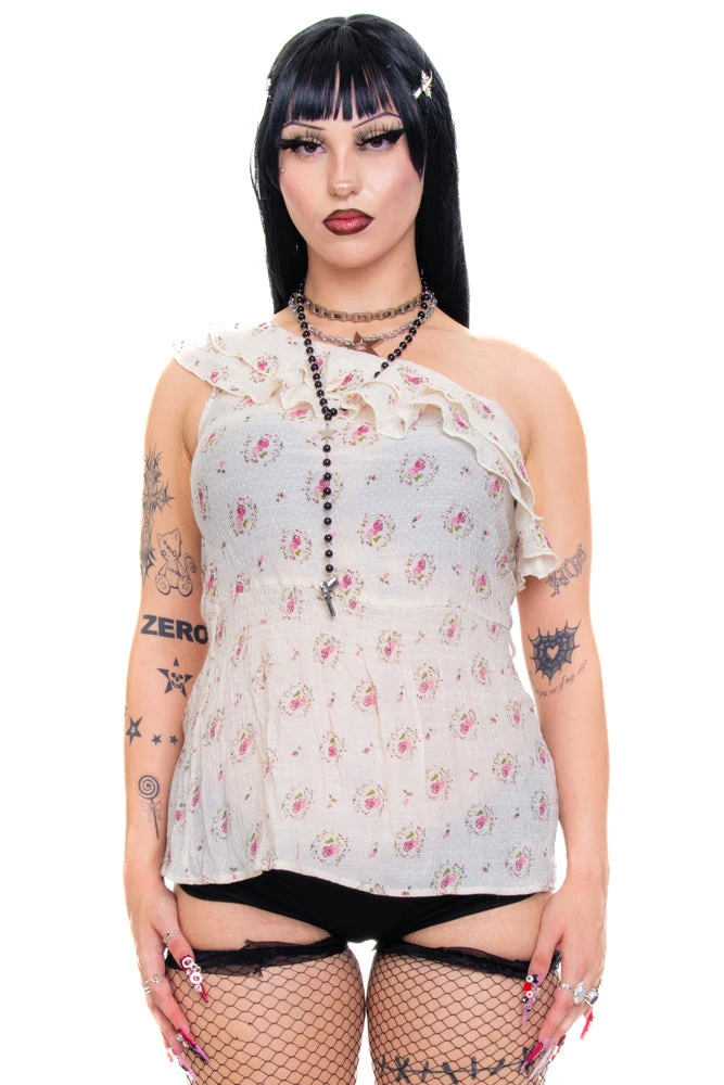 Vintage Y2K One-Shoulder Floral Ruffle Top - M/L 3 Vintage Y2K One-Shoulder Floral Ruffle Top - M/L
