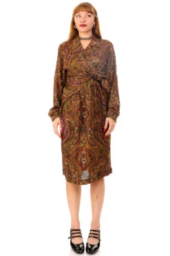 Vintage 80's Paisley Tie-Up Long Sleeve Dress - M/L