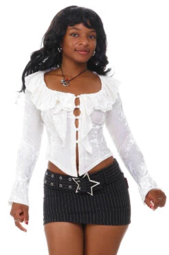 Vampy White Velvet Ruffle Blouse -TUNNEL Vision Outlet 256A6007 2