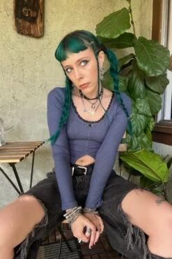 Rosa Blue Lace-Trimmed Thermal Long-Sleever 25 Rosa Blue Lace-Trimmed Thermal Long-Sleever -TUNNEL Vision Outlet abd