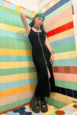 Black Zip-Down Rib Knit Maxi Dress 24 Black Zip-Down Rib Knit Maxi Dress -TUNNEL Vision Outlet blk1