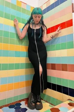 Black Zip-Down Rib Knit Maxi Dress 26 Black Zip-Down Rib Knit Maxi Dress -TUNNEL Vision Outlet blk4